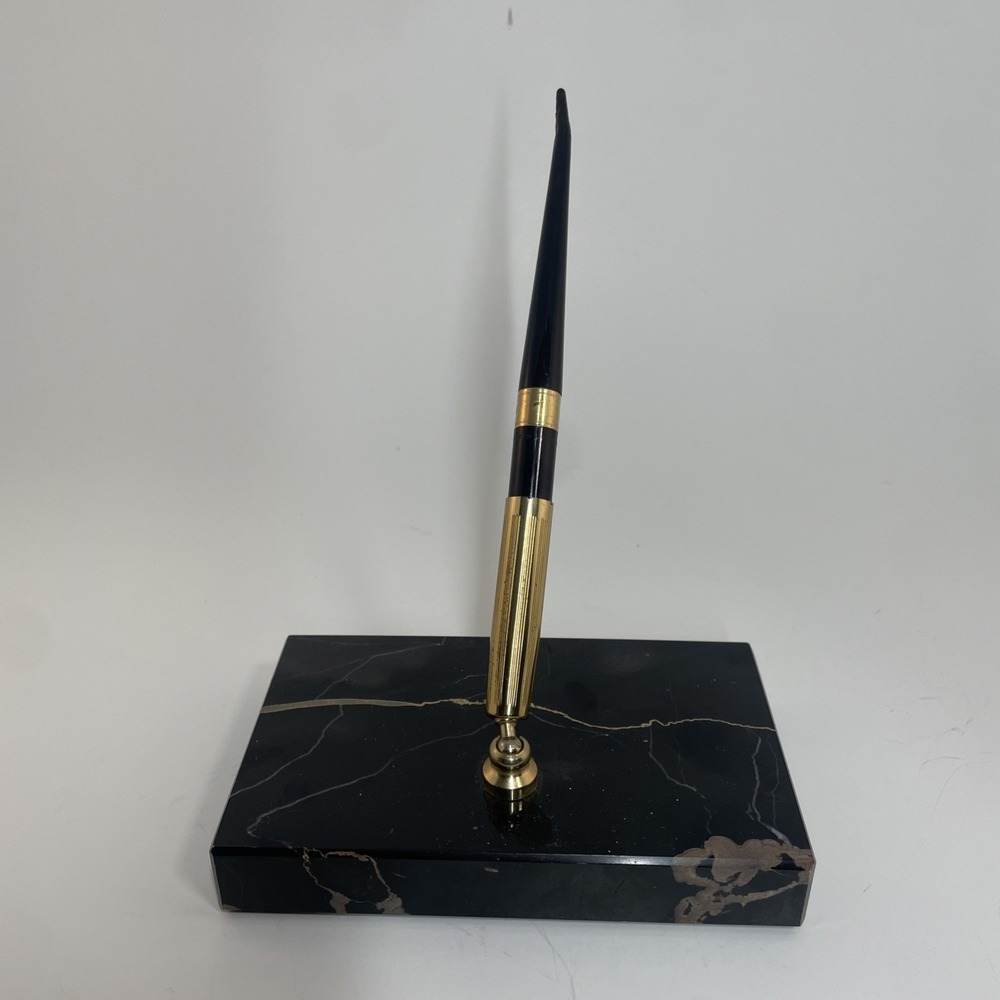 Vintage Marble Pen Holder with‎ Black Pen Gold Accents Desk Accessory